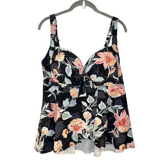 Torrid Floral Print Babydoll Tankini Top Black Twist Front Plus Size 1X - Picture 2 of 8